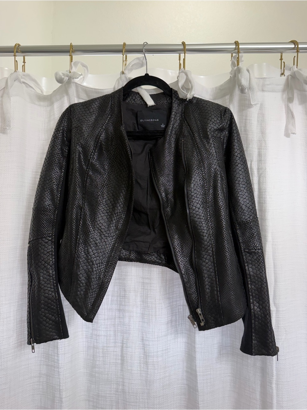 Olivaceous Black Faux-Snake Leather Moto Jacket